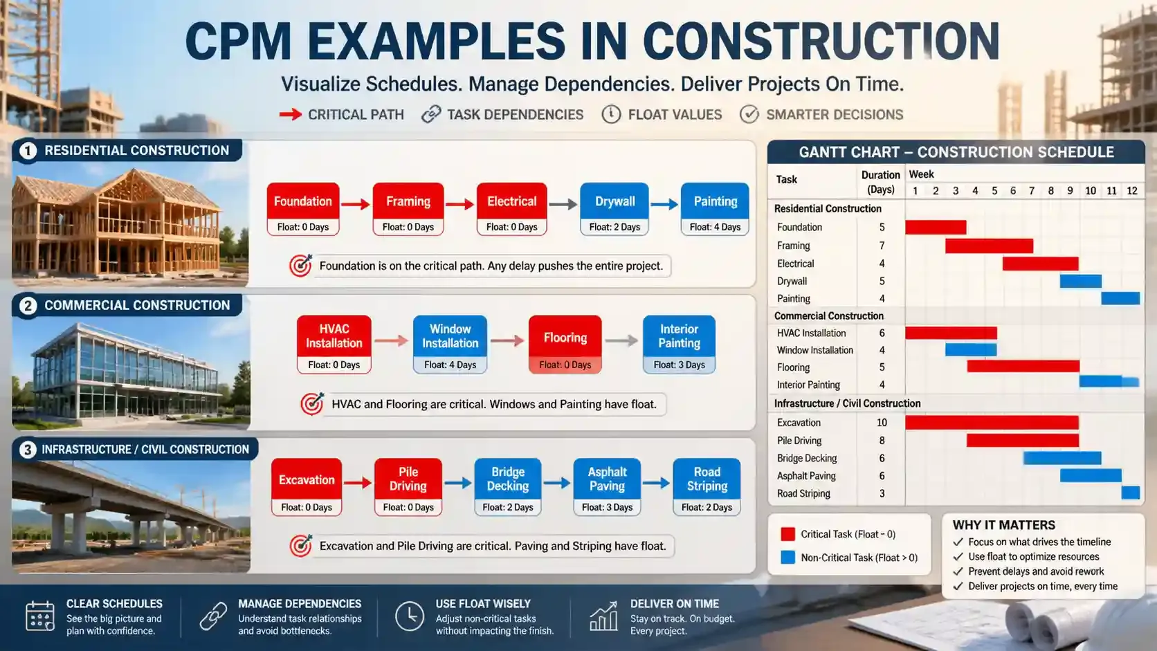 Infographic showing CPM in construction with critical vs non-critical tasks.